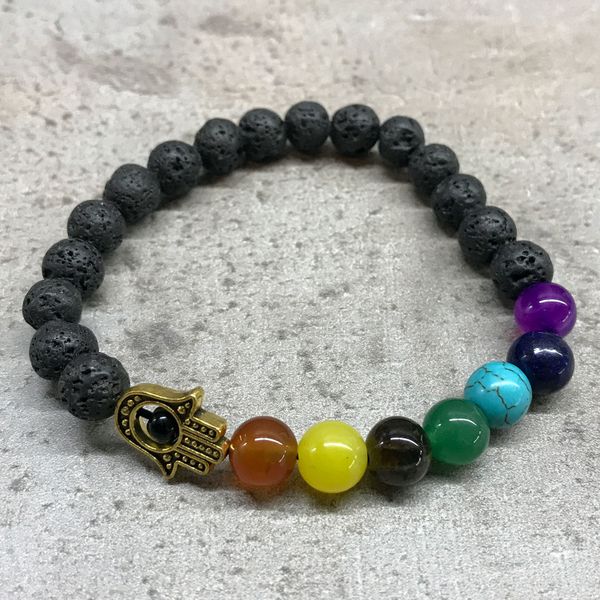 Náramek z Lávového Kamene - Čakry a Hamsa