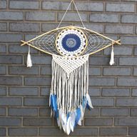 Ochranný Lapač Snů - Velký - Macramé Oko - Bílá / Modrá / Šedá