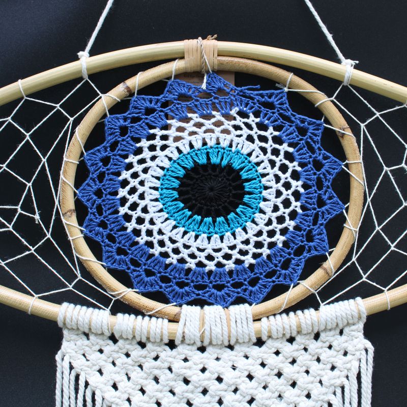 Ochranný Lapač Snů - Velký - Macramé Oko - Modrá / Bílá / Černá