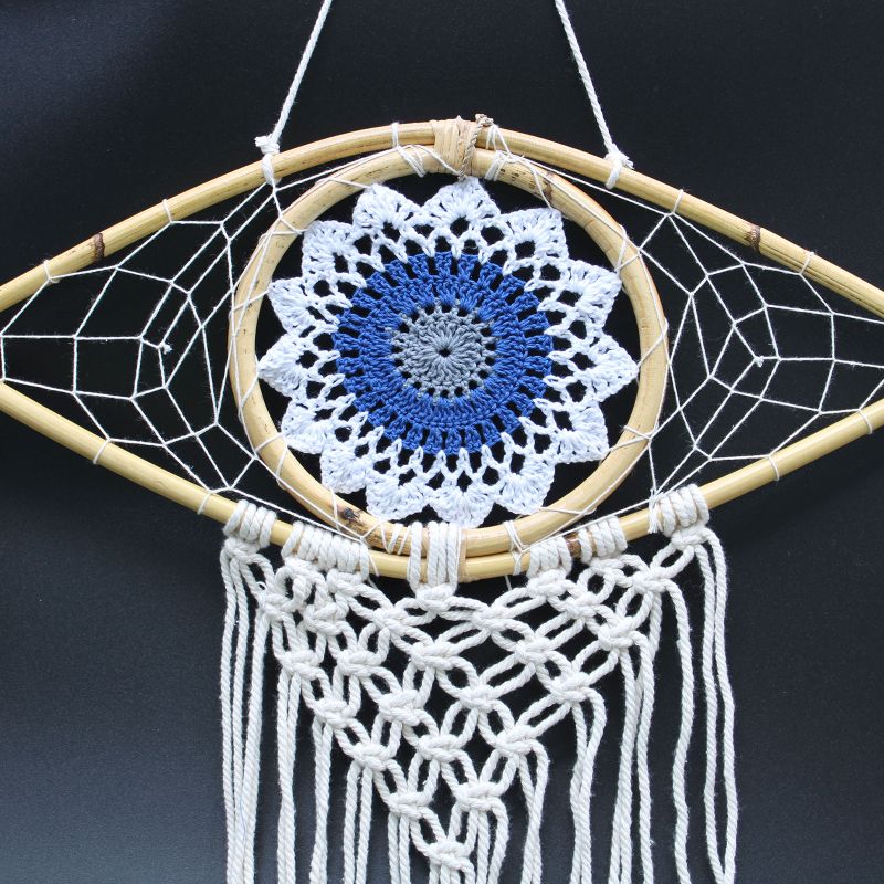 Ochranný Lapač Snů - Střední - Macramé Oko - Bílá / Modrá / Šedá