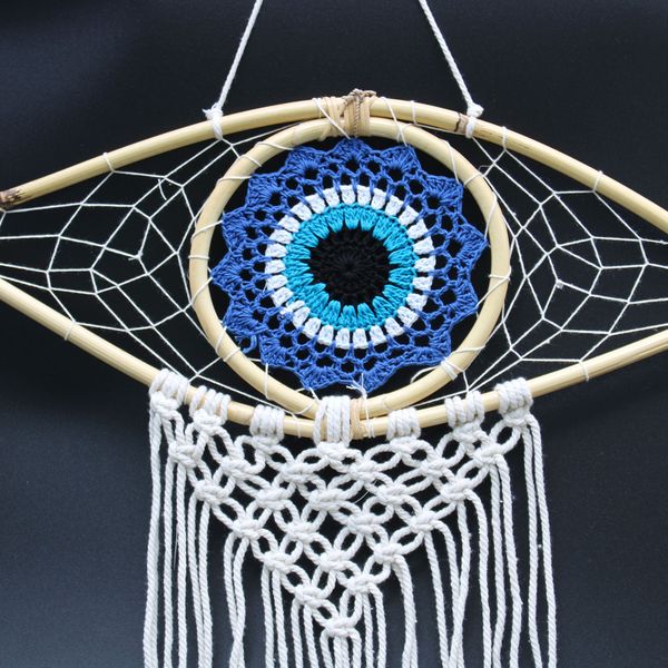 Ochranný Lapač Snů - Střední - Macramé Oko - Modrá / Bílá / Černá
