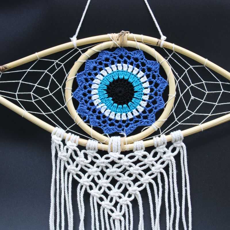 Ochranný Lapač Snů - Střední - Macramé Oko - Modrá / Bílá / Černá