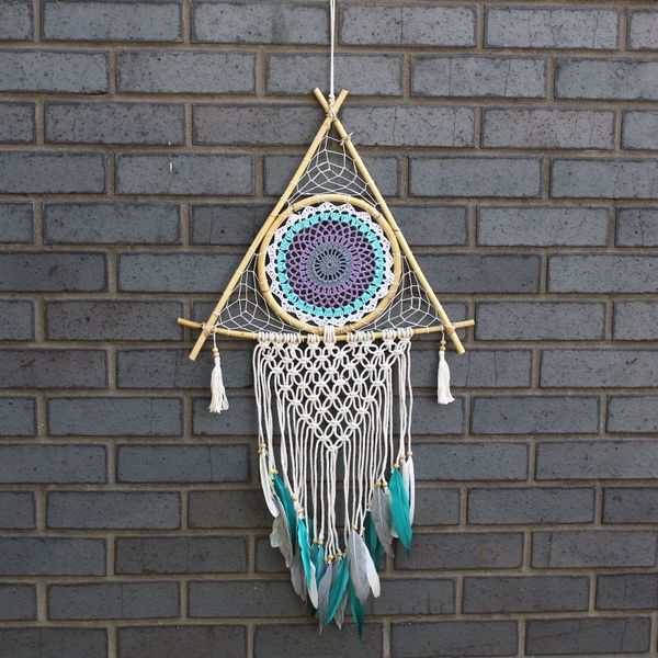 Ochranný Lapač Snů - Velký - Macramé Pyramida - Bílá / Tyrkysová