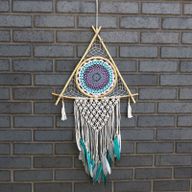Ochranný Lapač Snů - Velký - Macramé Pyramida - Bílá / Tyrkysová