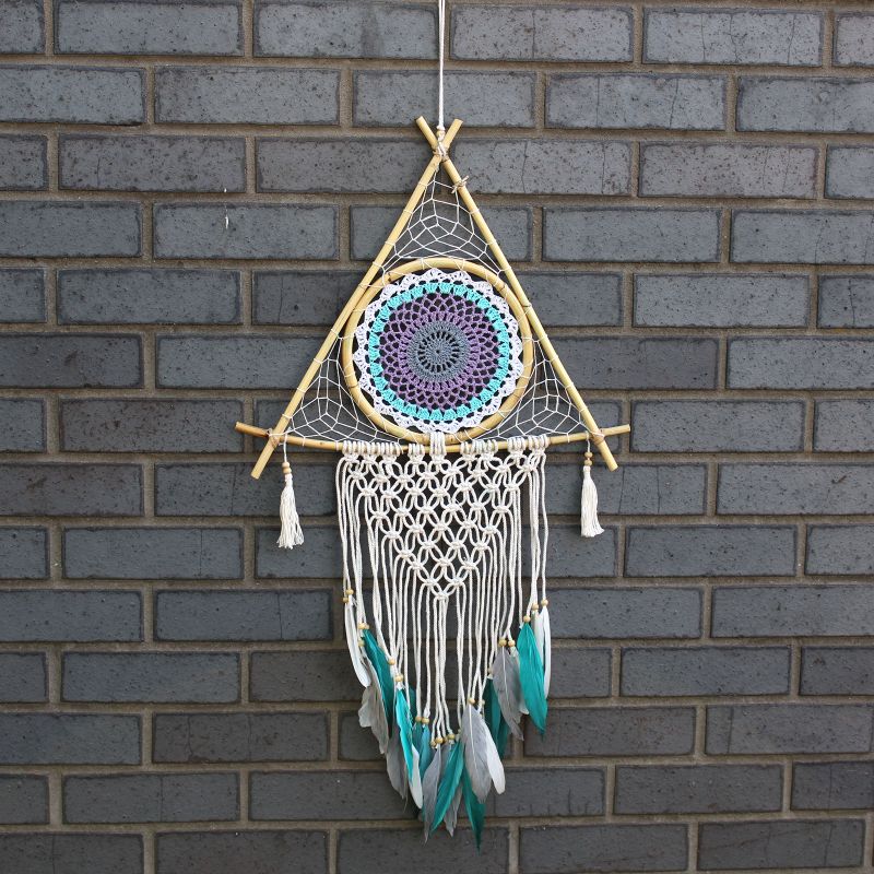 Ochranný Lapač Snů - Velký - Macramé Pyramida - Bílá / Tyrkysová
