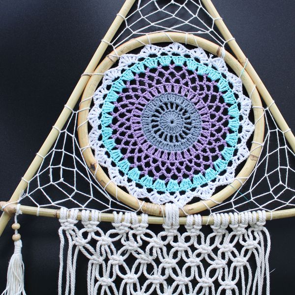 Ochranný Lapač Snů - Velký - Macramé Pyramida - Bílá / Tyrkysová