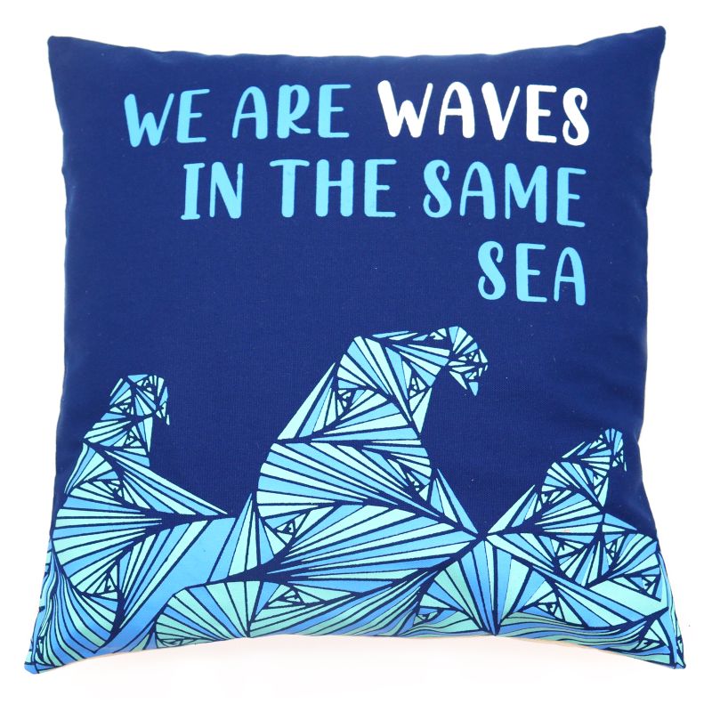 Povlak na Polštář s Potiskem - We are Waves - Šedá, Modrá a Přírodní