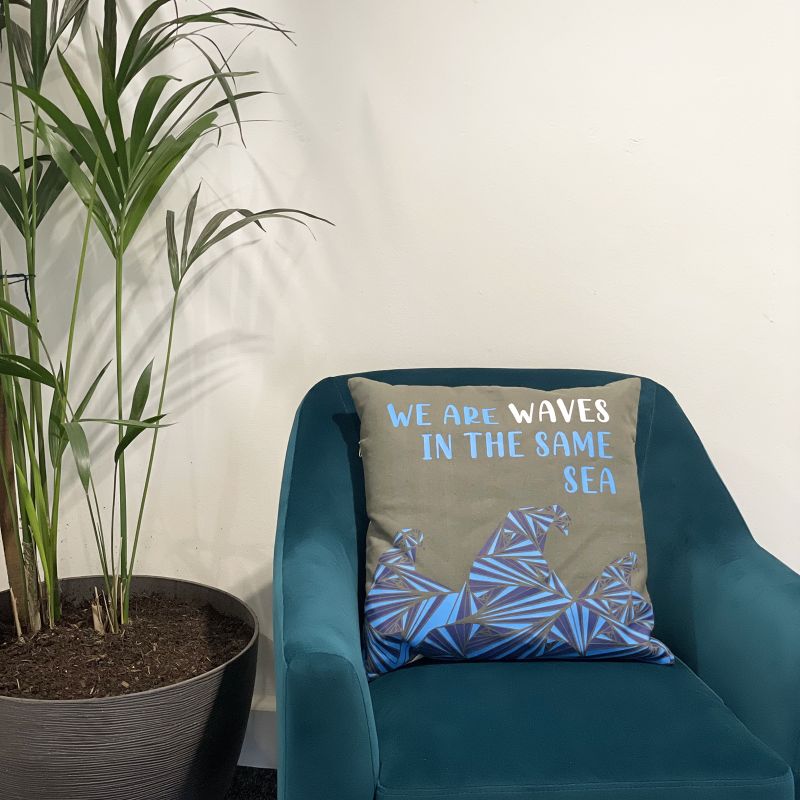 Povlak na Polštář s Potiskem - We are Waves - Šedá, Modrá a Přírodní