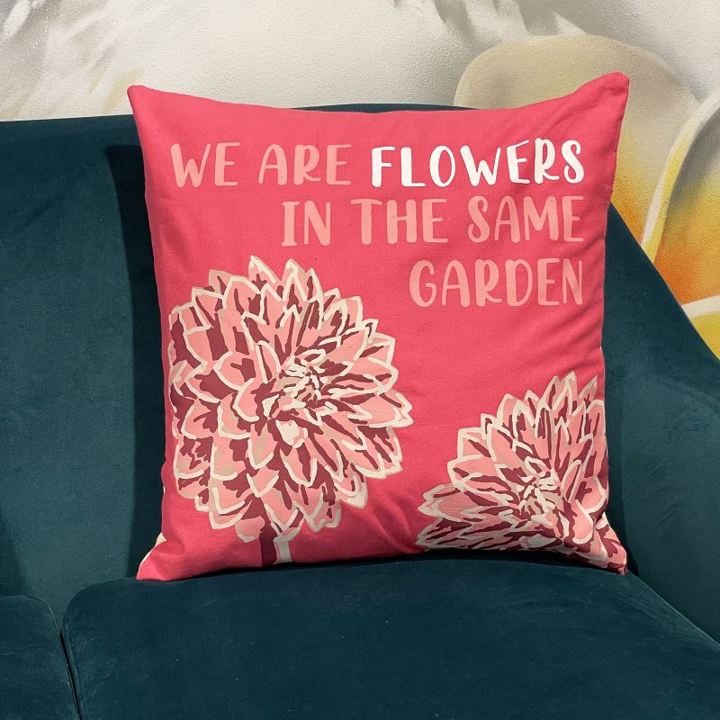 Povlak na Polštář s Potiskem - We are Flowers - Olivová, Růžová a Přírodní