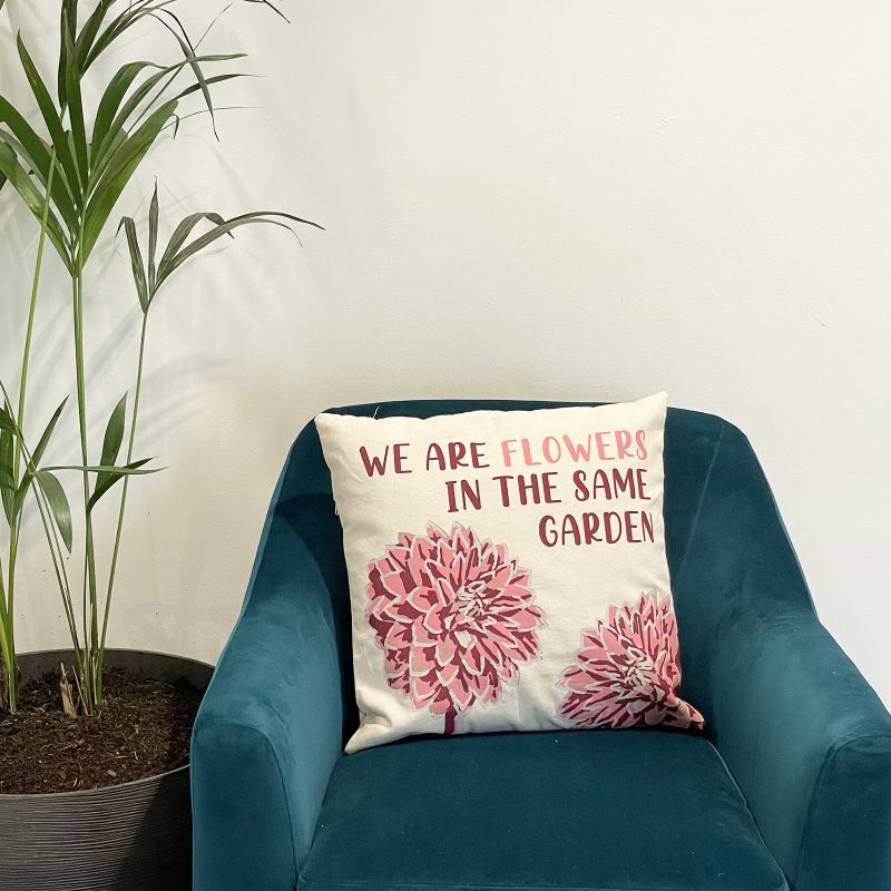 Povlak na Polštář s Potiskem - We are Flowers - Olivová, Růžová a Přírodní