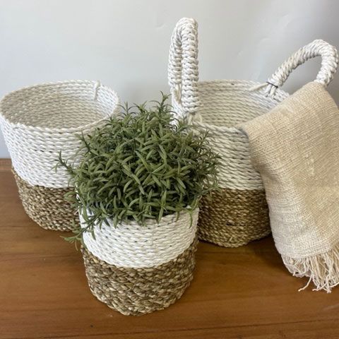 Set Košíků z Mořské Trávy - Šedá / Přírodní / Bílá