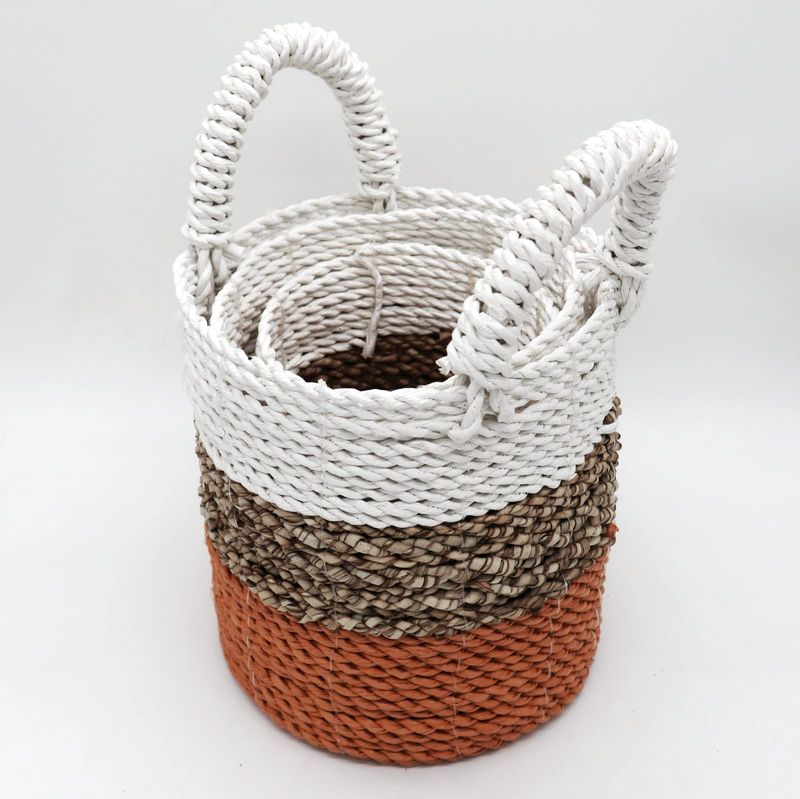 Set Košíků z Mořské Trávy - Oranžová / Přírodní / Bílá