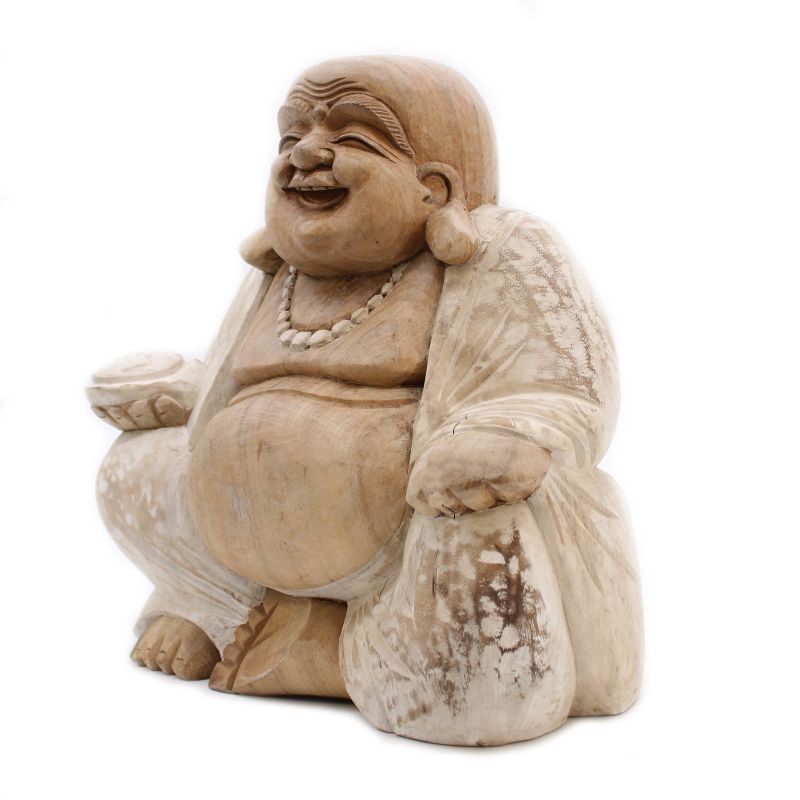 Ručně Vyřezávaná Socha Buddhy - Bílá Vymývaná - 30cm