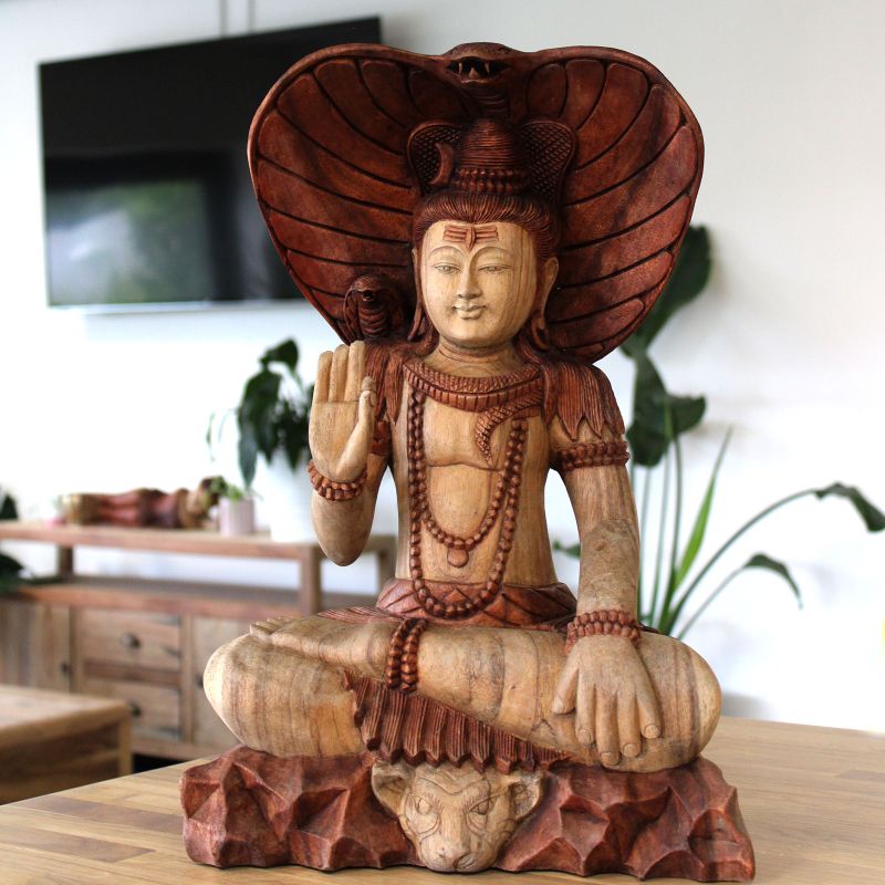 Ručně Vyřezávaná Socha Buddhy - Shiva a Kobra 50cm