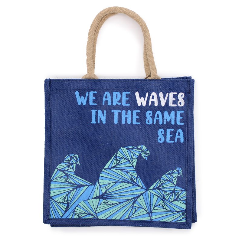 Jutová Taška s Potiskem - We are Waves - Šedá, Modrá a Natural