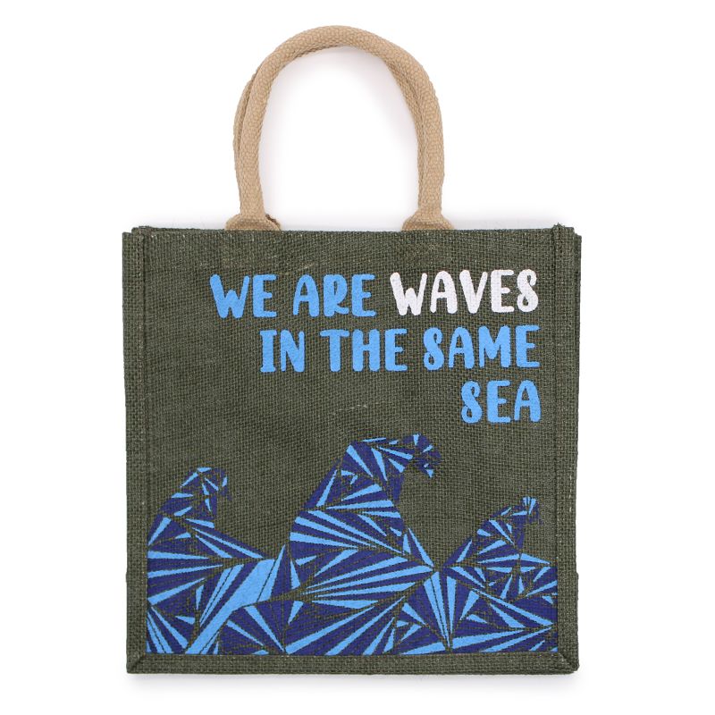 Jutová Taška s Potiskem - We are Waves - Šedá, Modrá a Natural