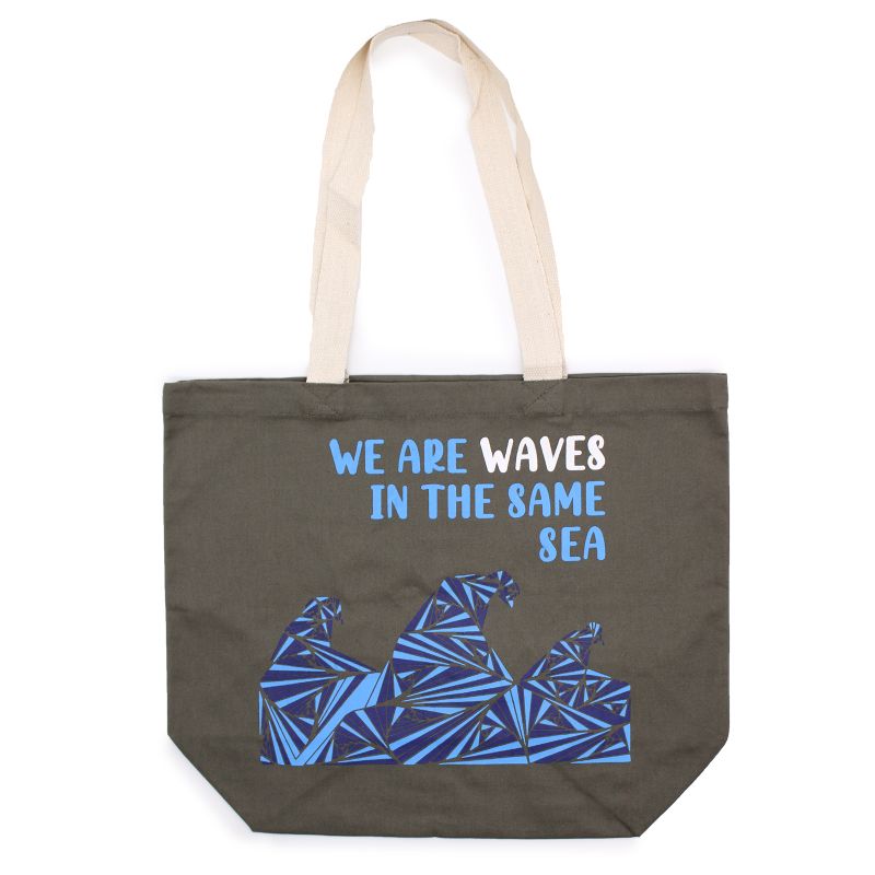 Bavlněná Taška s Potiskem - We are Waves - Šedá, Modrá a Natural