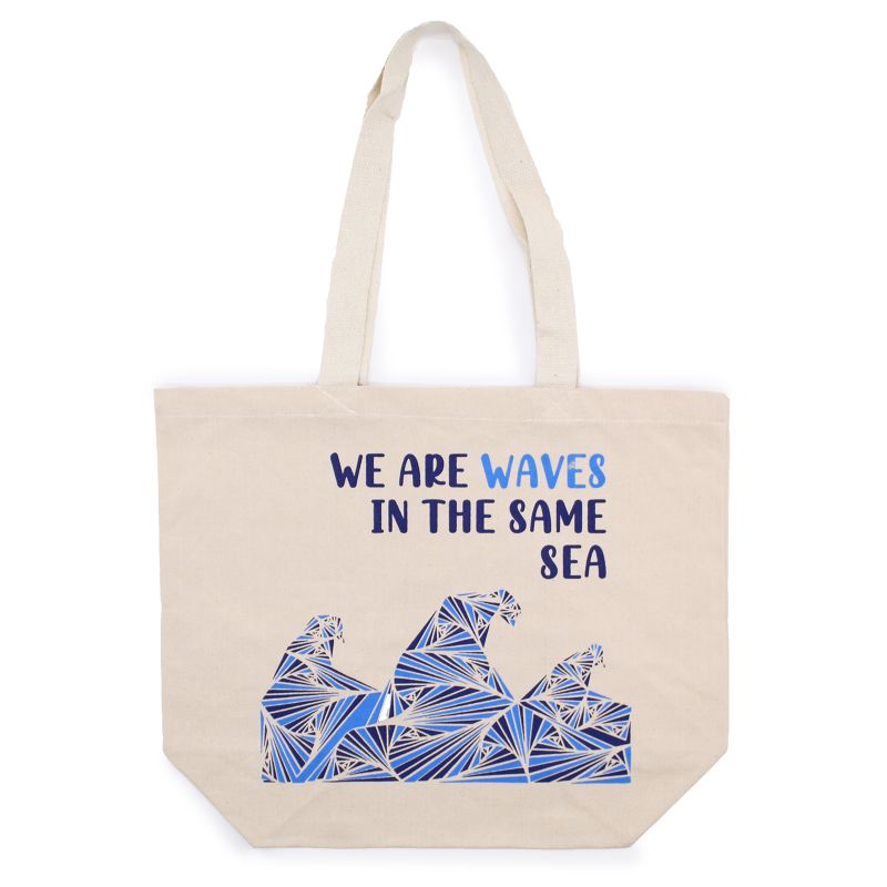 Bavlněná Taška s Potiskem - We are Waves - Šedá, Modrá a Natural