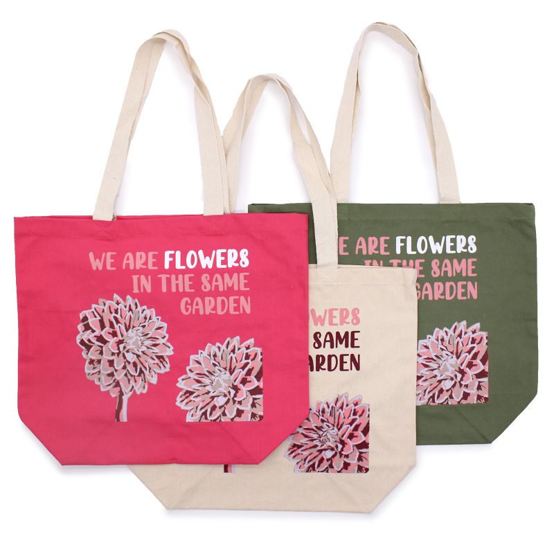 Bavlněná Taška s Potiskem - We are Flowers - Olivová, Růžová a Natural