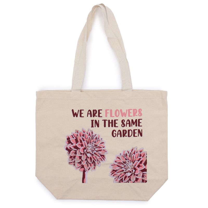 Bavlněná Taška s Potiskem - We are Flowers - Olivová, Růžová a Natural
