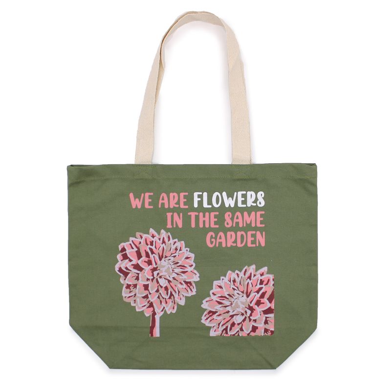 Bavlněná Taška s Potiskem - We are Flowers - Olivová, Růžová a Natural