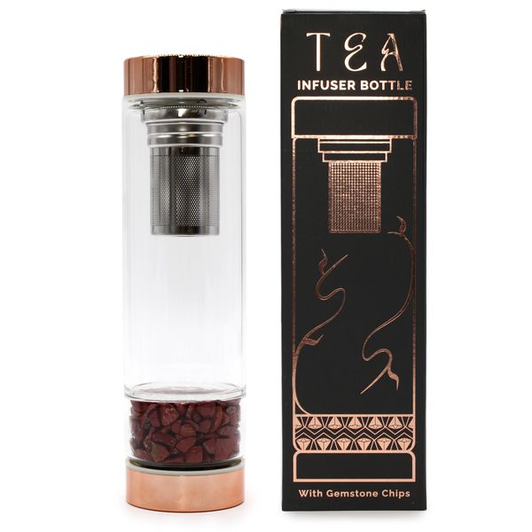 Láhev na Čaj z Křišťálového Skla - Rose Gold - Červený Jaspis
