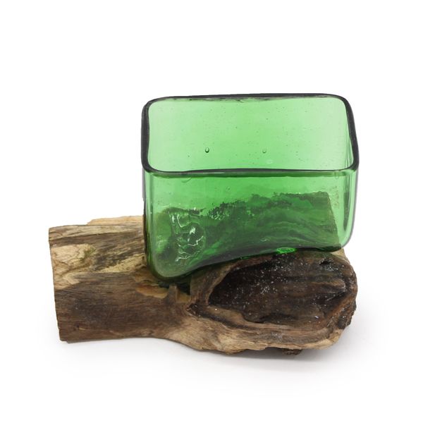 Recyklované Sklo na Dřevě - Čtvercová Miska