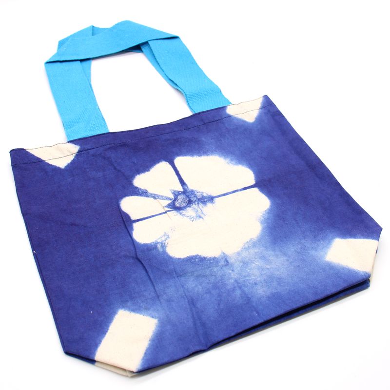 Přírodní Bavlněná Taška Tye-Dya - 38x42x12cm - Modrý Květ - Modré Popruhy