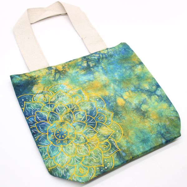 Bavlněná Taška (6oz) - 38x42x12cm - Mandala - Zeleno-Modrá - Přírodní Popruhy