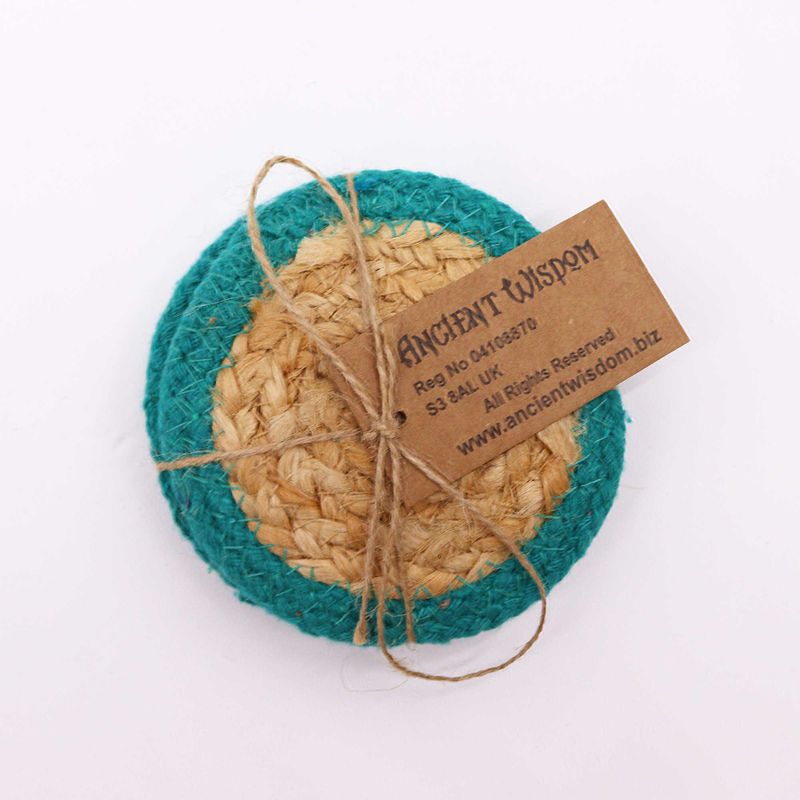 Přírodní Tácek - Juta & Bavlna 10cm (set 4) - Modrozelený Okraj