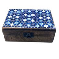 Střední Dřevěná Krabička s Keramickou Glazurou - 15x10x6cm - Modré Hvězdy