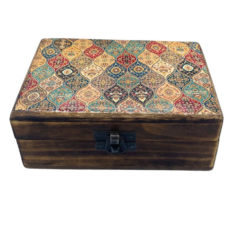 Střední Dřevěná Krabička s Keramickou Glazurou - 15x10x6cm - Orientální