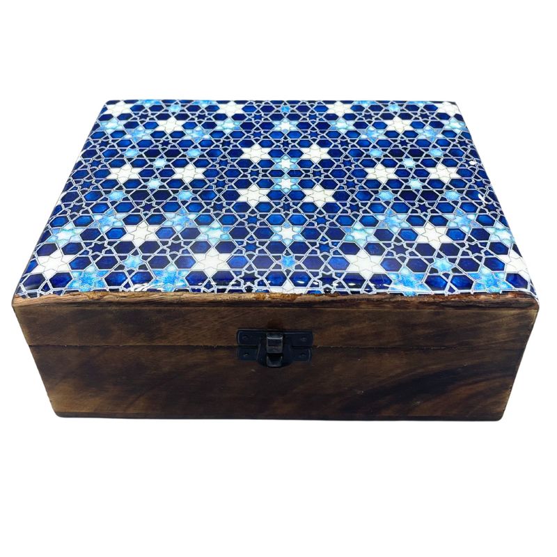 Velká Dřevěná Krabička s Keramickou Glazurou - 20x15x7.5cm - Modré Hvězdy