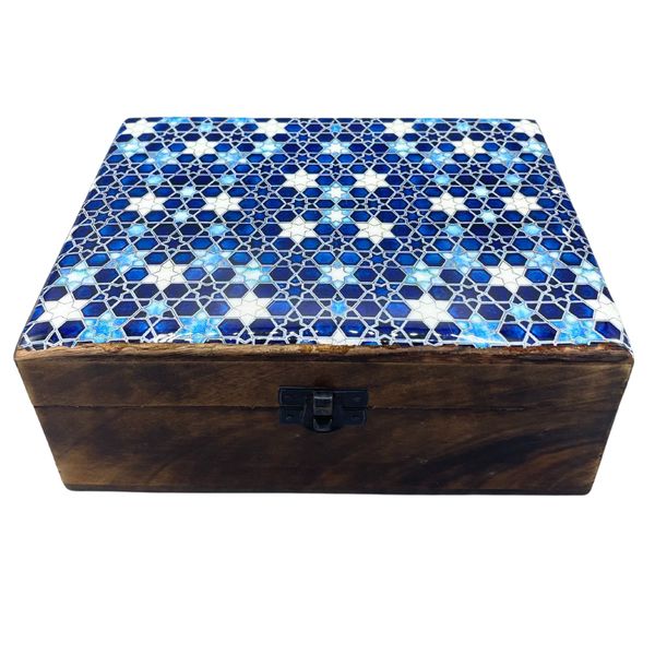 Velká Dřevěná Krabička s Keramickou Glazurou - 20x15x7.5cm - Modré Hvězdy