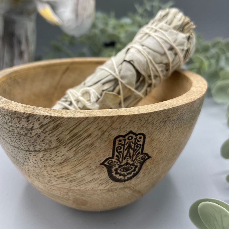 Dřevěná Rituální Miska pro Vykuřovací Svazky - Hamsa - 12x7cm