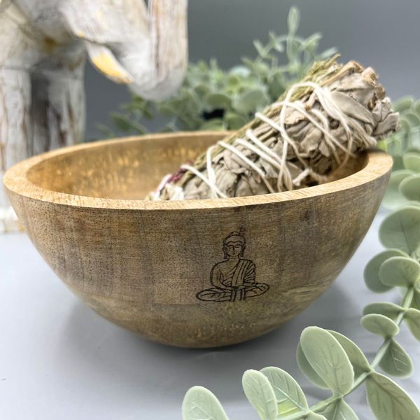 Dřevěná Rituální Miska pro Vykuřovací Svazky - Buddha - 14x7cm