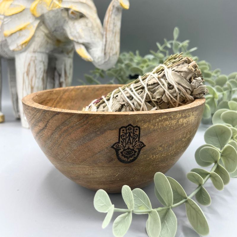 Dřevěná Rituální Miska pro Vykuřovací Svazky - Hamsa - 14x7cm