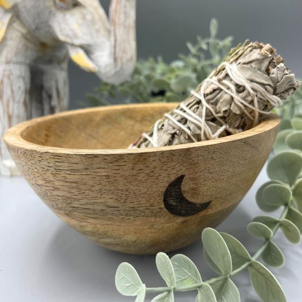 Dřevěná Rituální Miska pro Vykuřovací Svazky - 3 Měsíce - 14x7cm