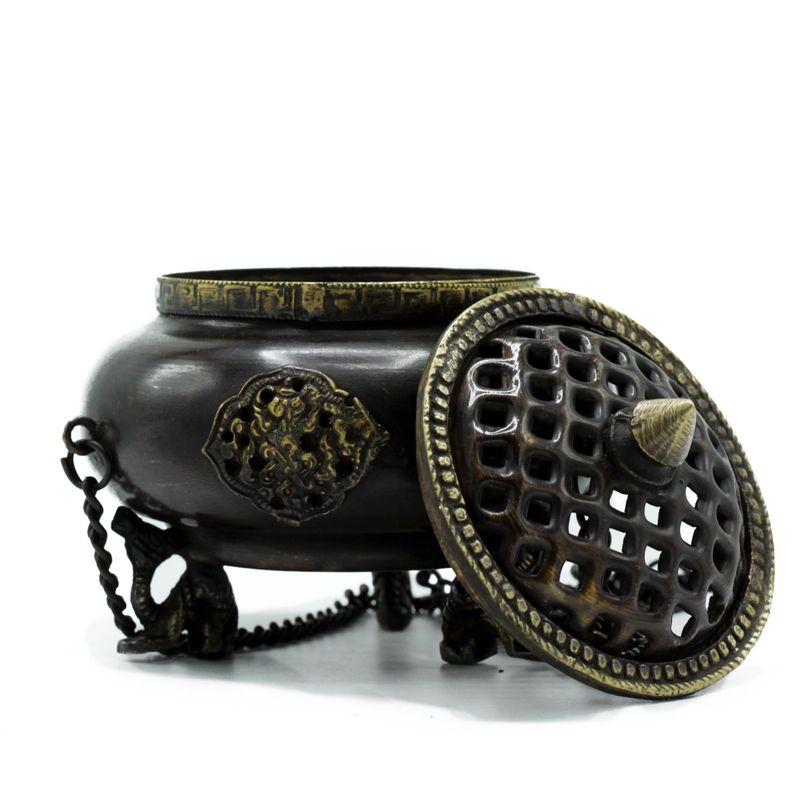 Velká Mosazná Tibetská Kadidelnice - Visící - 4 Symboly