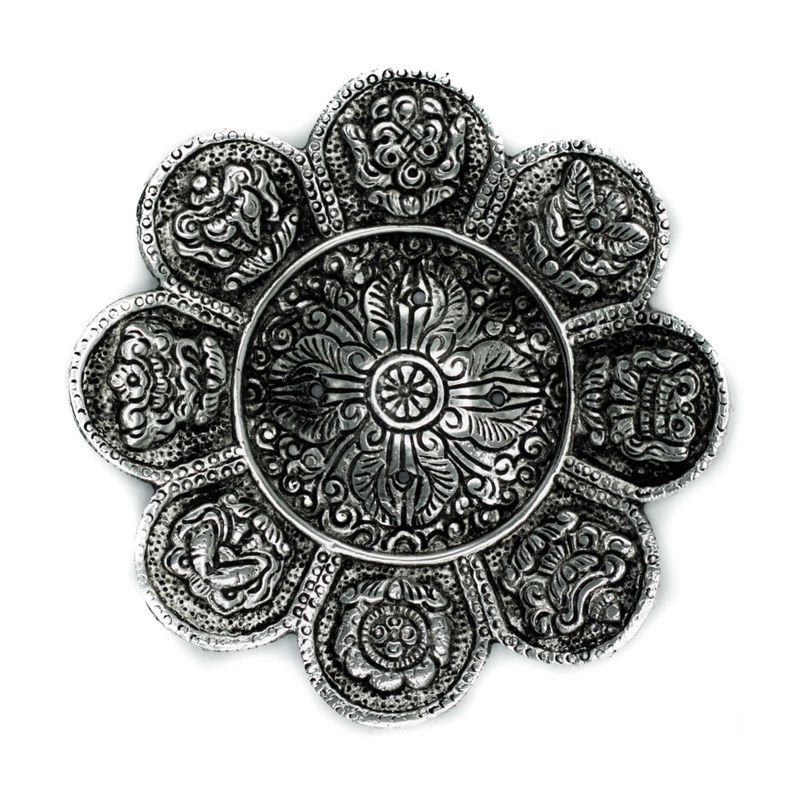 Stojan na Vonné Tyčinky z Leštěného Hliníku - Tibetské Symboly - 12cm