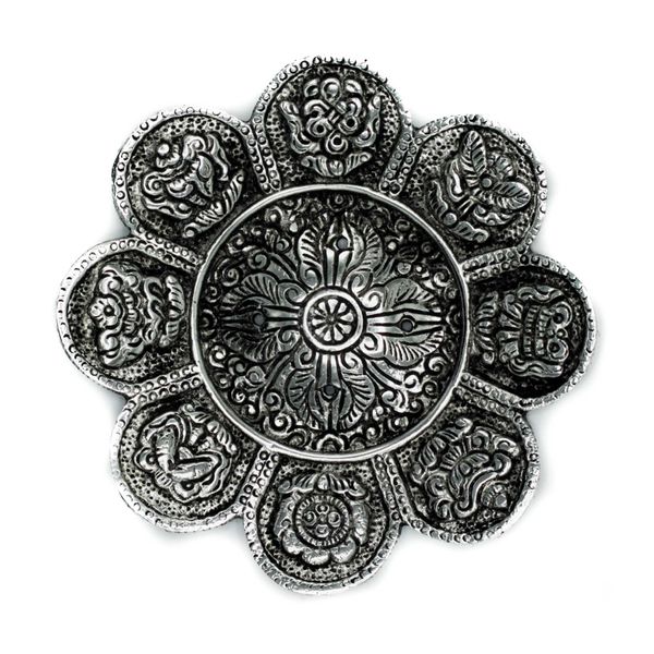Stojan na Vonné Tyčinky z Leštěného Hliníku - Tibetské Symboly - 12cm