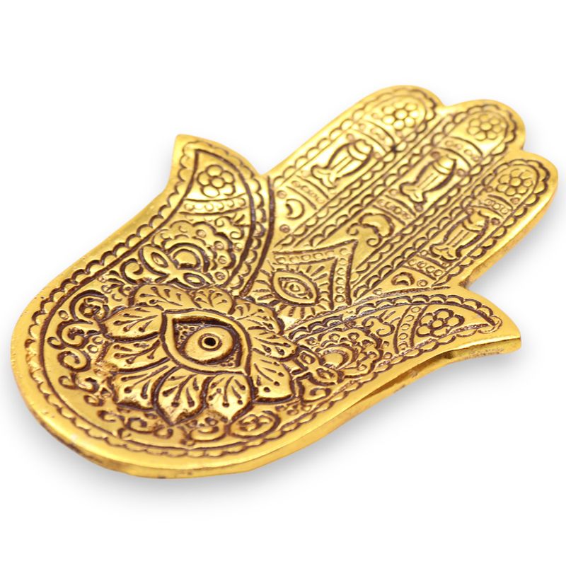 Stojan na Vonné Tyčinky z Pozláceného Hliníku - Hamsa 13x5.5cm