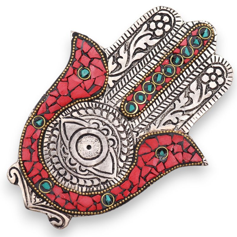 Stojan na Vonné Tyčinky - Červená & Zelená Hamsa 13x5.5cm