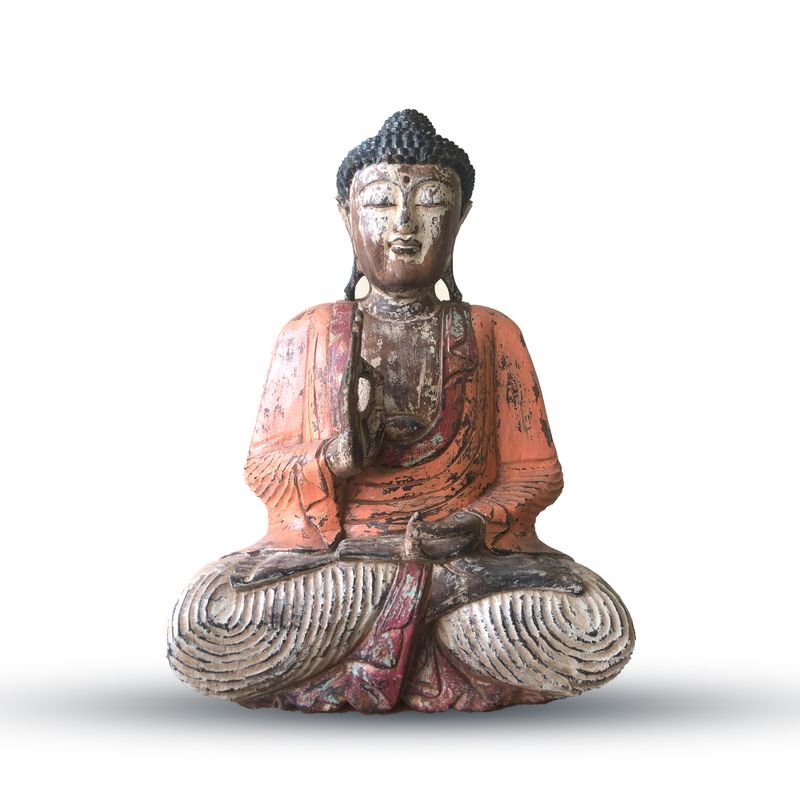 Vintage oranžová ručně vyřezávaná socha Buddhy - 60 cm - přenos učení