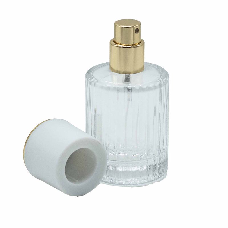 Kulatá Žebrovaná Láhev se Sprejem a Uzávěrem 30ml - Bílá