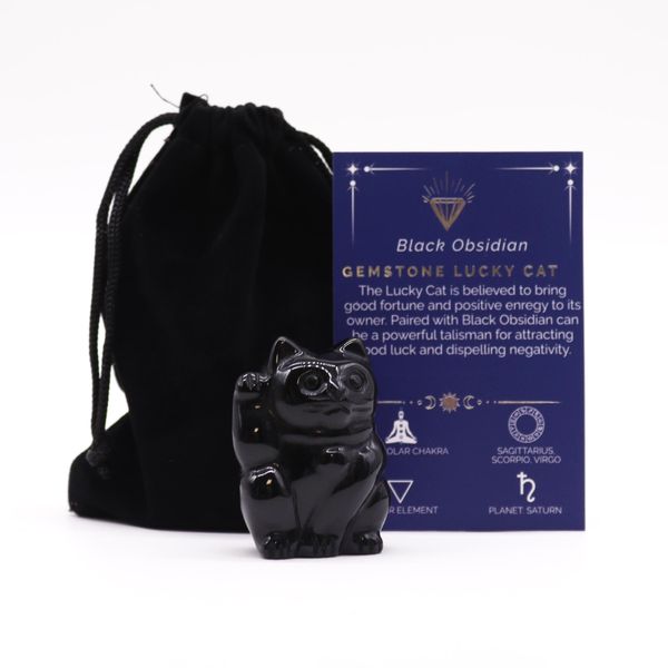 Šťastná Kočka z Drahých Kamenů - Černý Obsidián 50x35x25mm