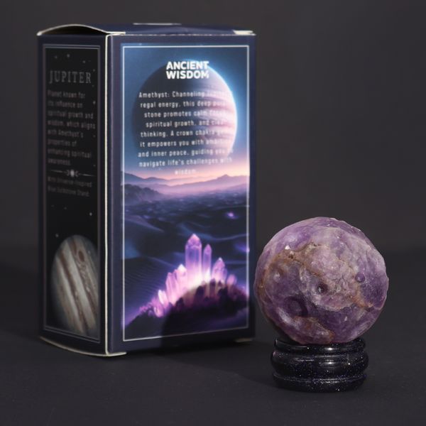 Planeta z Ametystu na Podstavci ze Zlatého Kamene - 40mm
