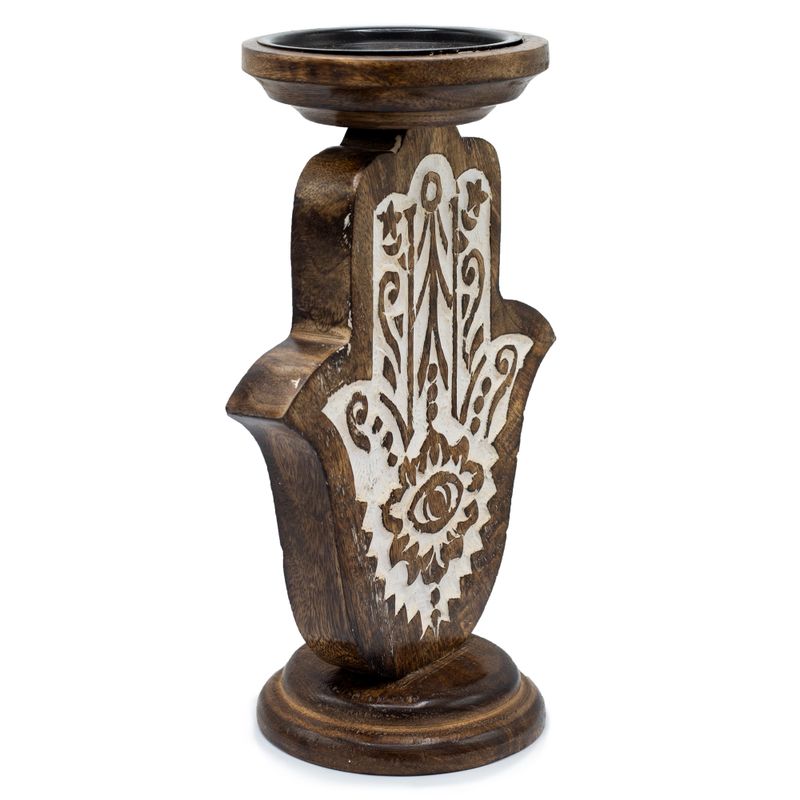 Svícen z Mangového Dřeva - Hamsa - Velký 25x18cm