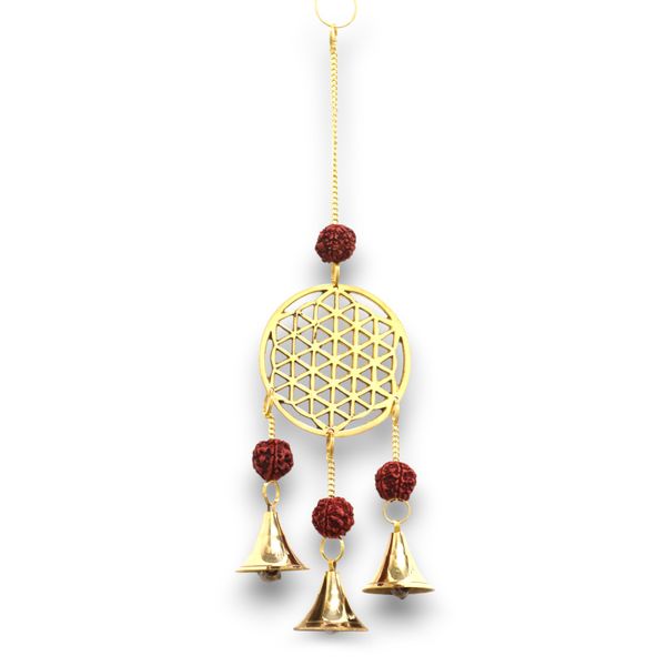 Indické Zvonkohry - Mosazní Květ Života s Rudraksha Korálky - 3 Zvonky - 6x27cm