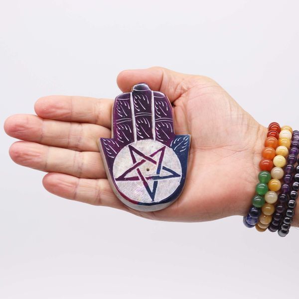 Držák na kadidlo z mýdlového kamene Hamsa, 9x6 cm, ve tvaru pětiúhelníku